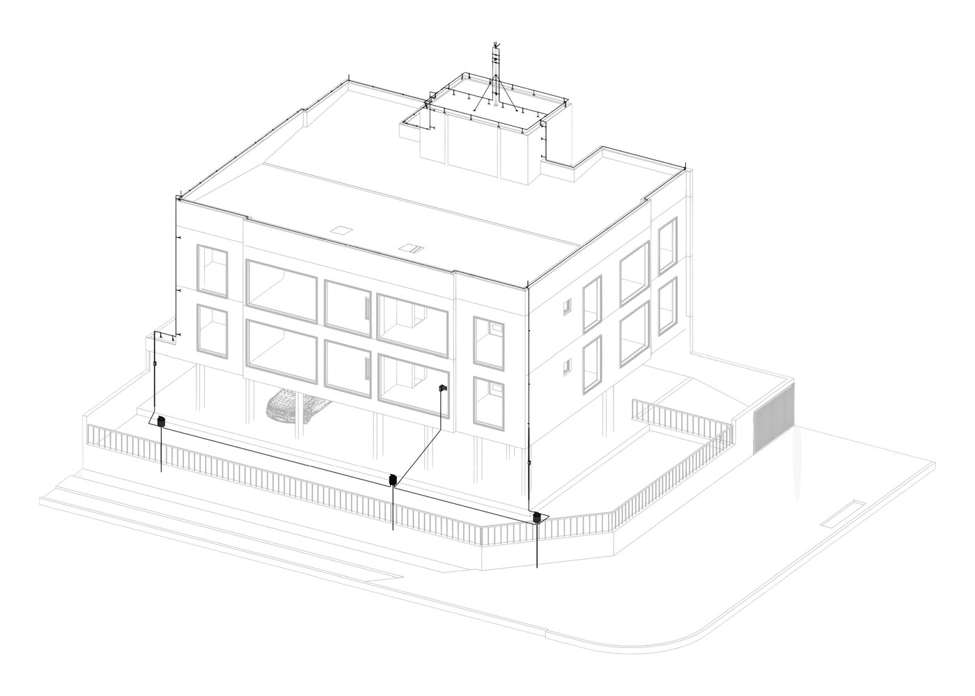Edifício residencial com o SPDA modelado no Revit: captação, descidas e aterramento