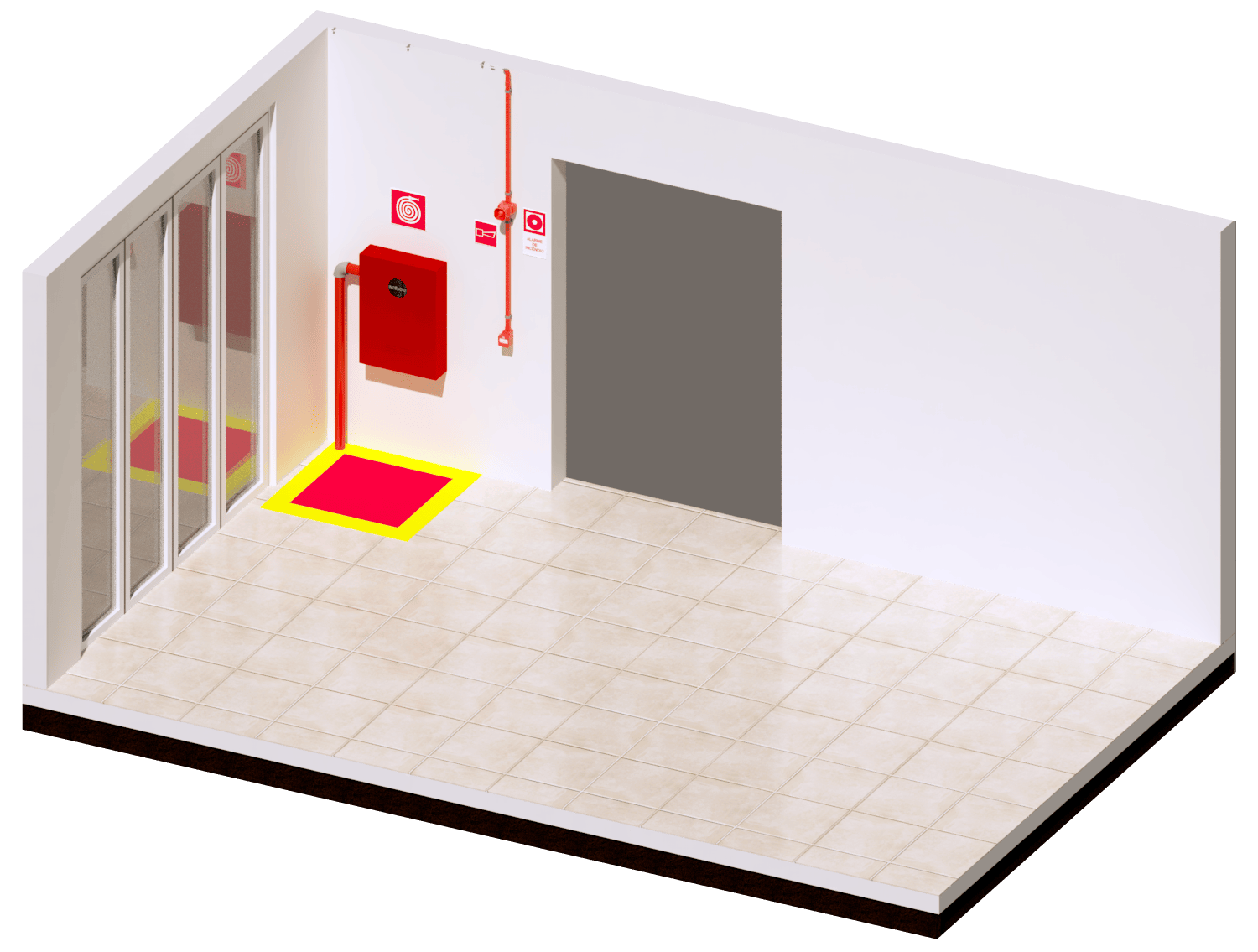 Projeto PSCIP renderizado em isometria no Revit com tubulações vermelhas e hidrantes amarelos do Template PSCIP 2026
