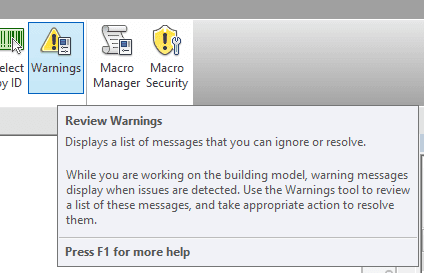 Janela de avisos do Revit com lista de warnings